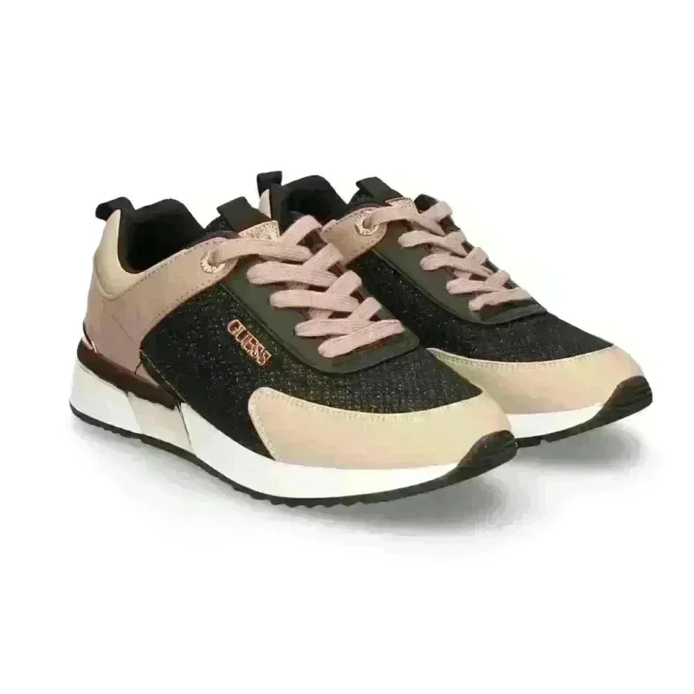 Guess Womens‎ Fashion Sneakers Black Rose Gold Glitter Suede Low Top Trainers